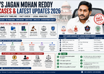 YS Jagan Mohan Reddy cases and latest updates 2026 infographic showing CBI, ED, VANPIC, liquor probe, case timeline, fact check and legal consequences